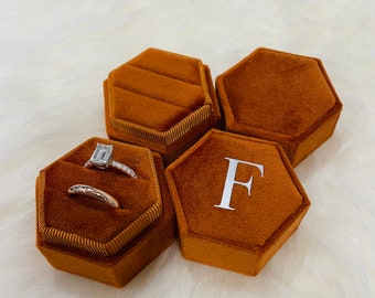 Burnt orange Hexagon Velvet Ring Box Double Slot Engagement Ring, Bridal Photo Detail Props,Keepsake, Monogram Box Heirloom