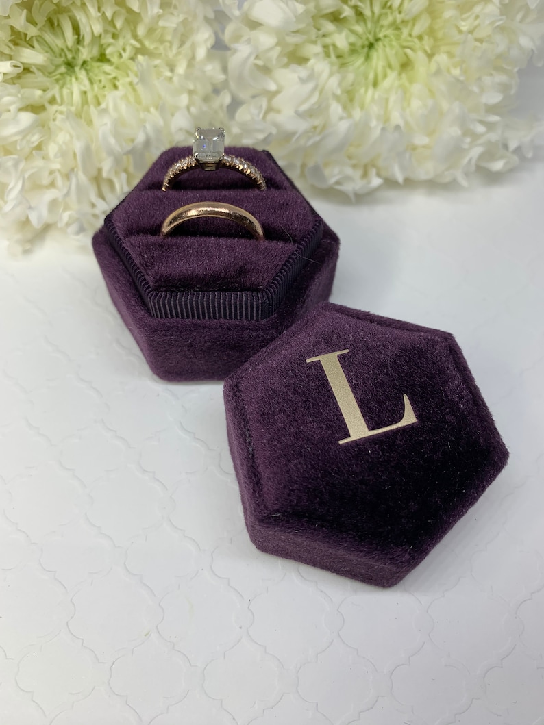 Initial Velvet Ring Box Deep Purple Color Hexagon Shape Double Slot for Engagement Ring and Wedding Ring