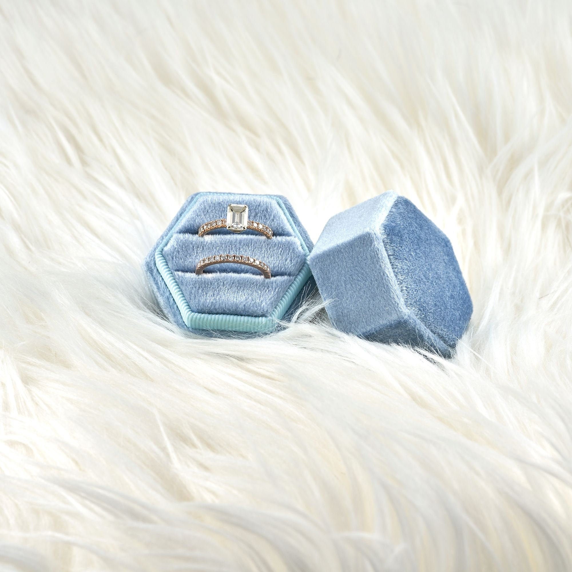 Baby Blue Velvet Ring Box Hexagon Monogram Double Slot for Etsy