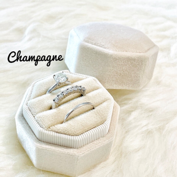 Triple Octagon Monogram Velvet ring Box 3 slots Holds 3 Rings Bearer Box Stacking Ring For Bridal Shower Wedding Photos And Storage