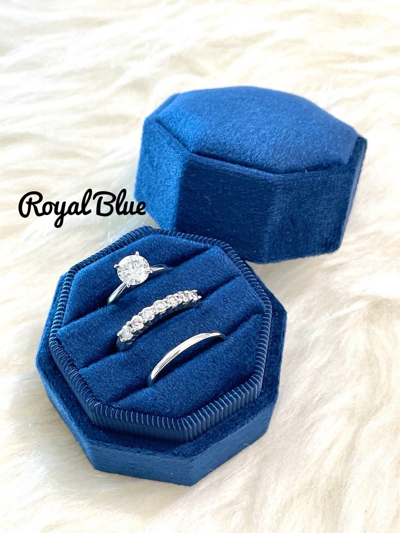 Triple Octagon Monogram Velvet ring Box 3 slots Holds 3 Rings Bearer Box Stacking Ring For Bridal Shower Wedding Photos And Storage image 6