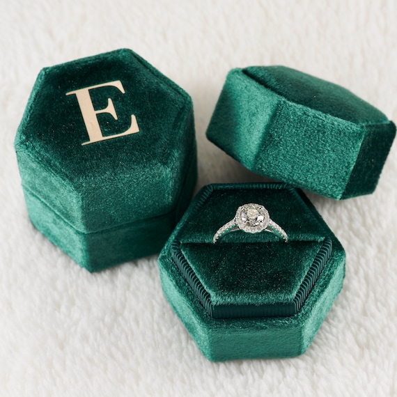 Emerald Green Velvet Hexagon Ring Box: Monogrammed Bridal Keepsake