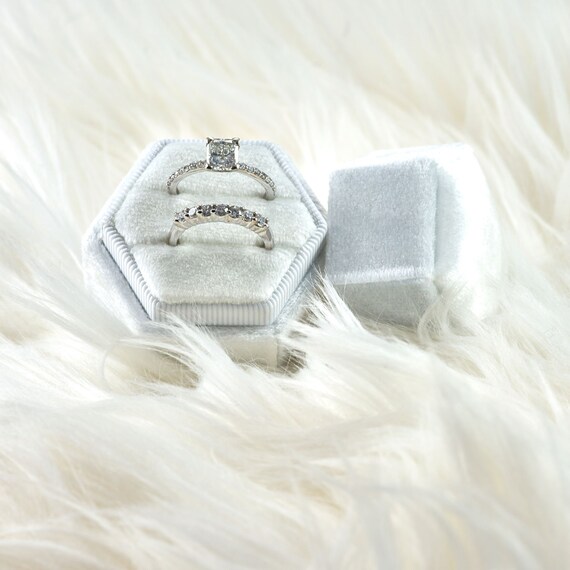 Initial Velvet Ring Box Deep Purple Color Hexagon Shape Double Slot for Engagement Ring and Wedding Ring