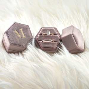 Velvet Ring Box Monogram Light Lavender Hexagon Single or Double Slot for Engagement Ring and flat lay Wedding