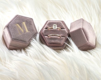 Velvet Ring Box Monogram Light Lavender Hexagon Single or Double Slot for Engagement Ring and flat lay Wedding