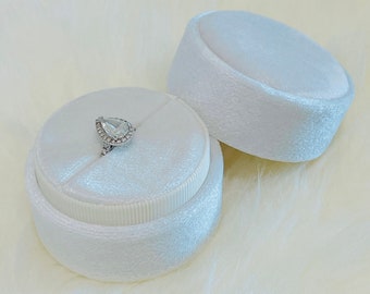 White Round Velvet Ring Box  Monogram Single Or Double Slot for Engagement Ring and Wedding Ring Keepsake