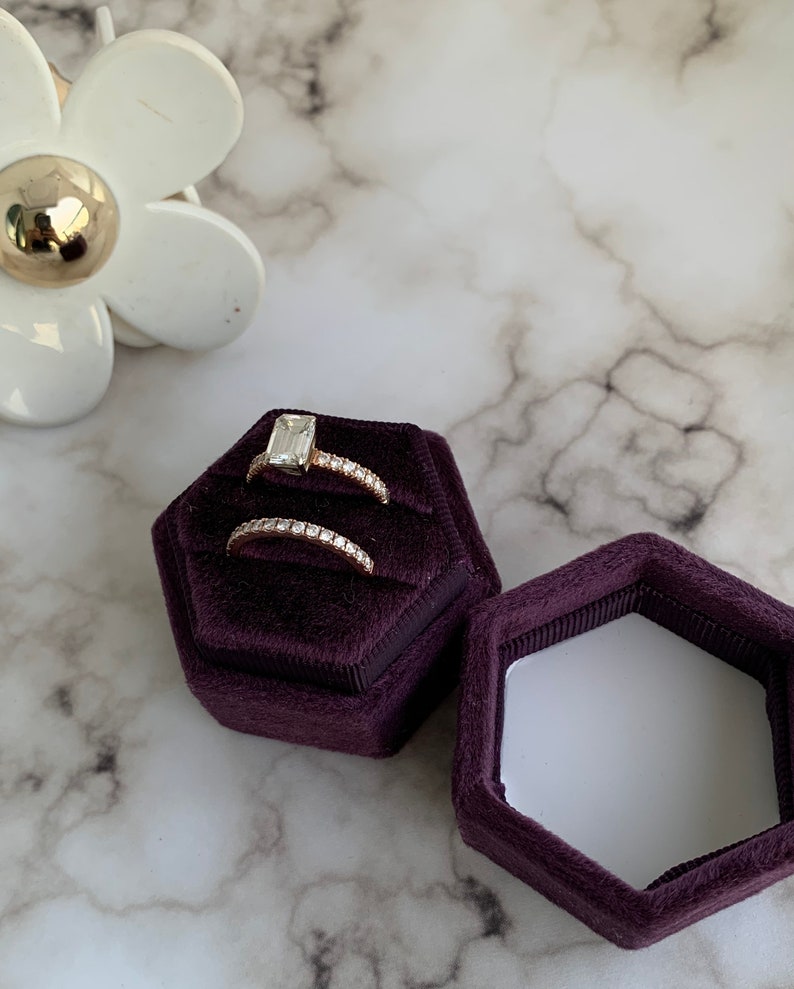 Initial Velvet Ring Box Deep Purple Color Hexagon Shape Double Slot for Engagement Ring and Wedding Ring