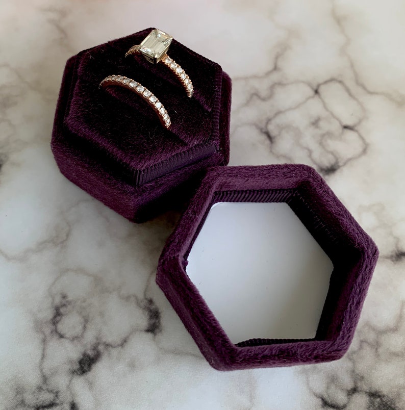 Initial Velvet Ring Box Deep Purple Color Hexagon Shape Double Slot for Engagement Ring and Wedding Ring