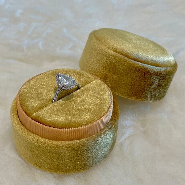 Yellow Mustard Gold Velvet Round Ring Box personalized Monogram Single Or Double Slot for Engagement Ring and Wedding Ring