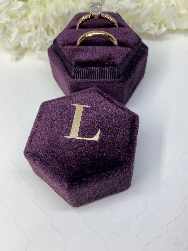 Initial Velvet Ring Box Deep Purple Color Hexagon Shape Double Slot for Engagement Ring and Wedding Ring