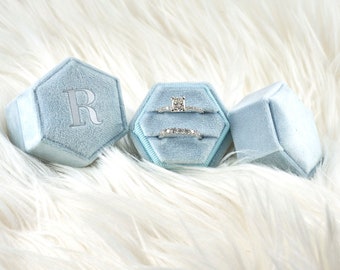 Customized Velvet Ring Box Pale Blue Color Hexagon Shape Double Ring for Engagement Ring and Wedding Photos