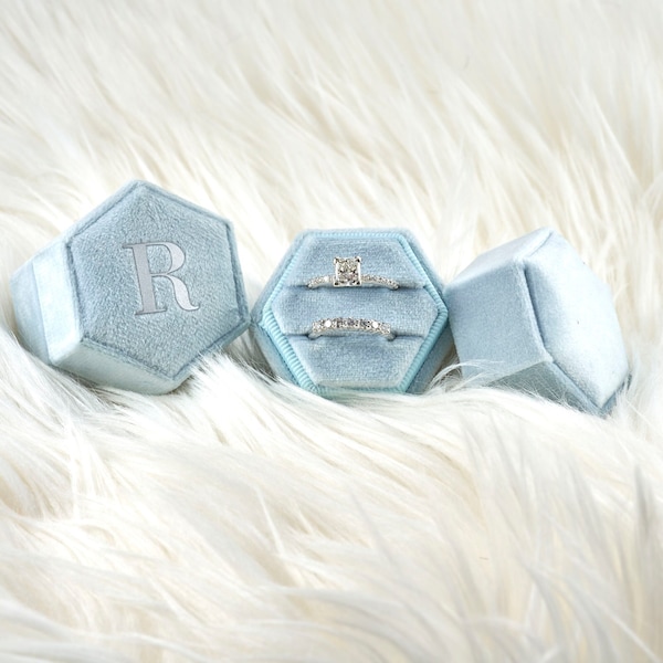 Customized Velvet Ring Box Pale Blue Color Hexagon Shape Double Ring for Engagement Ring and Wedding Photos