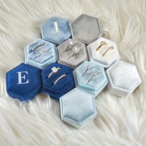 Hexagon Velvet Double Ring Box: Sky Collection, Engagement Wedding