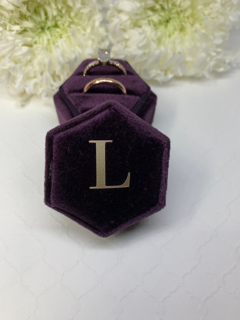 Initial Velvet Ring Box Deep Purple Color Hexagon Shape Double Slot for Engagement Ring and Wedding Ring