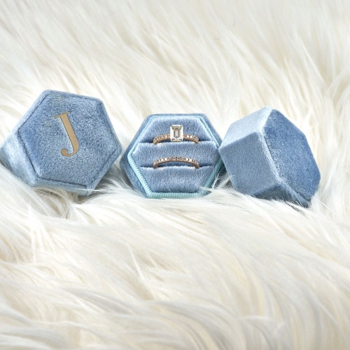 Baby Blue Velvet Ring Box Hexagon Monogram Double Slot for Etsy