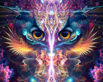 Psychedelic Owl CANVAS (Framed), Mushroom Art