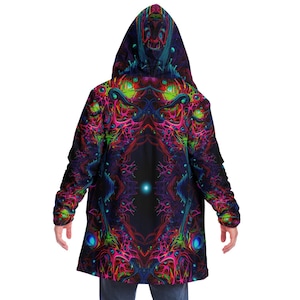 CAPA CON CAPUCHA con diseño abstracto psicodélico, sudadera con capucha psicodélica para festivales, chaqueta rave de neón vibrante, abrigo para festivales, Burning Man, capa psicodélica