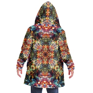 Trippy Fractal Mandala HOODED CLOAK, Psychedelic Festival Hoodie, Vibrant Neon Rave Jacket, Colorful Festival Coat, Wizard Robe, Witch Cape