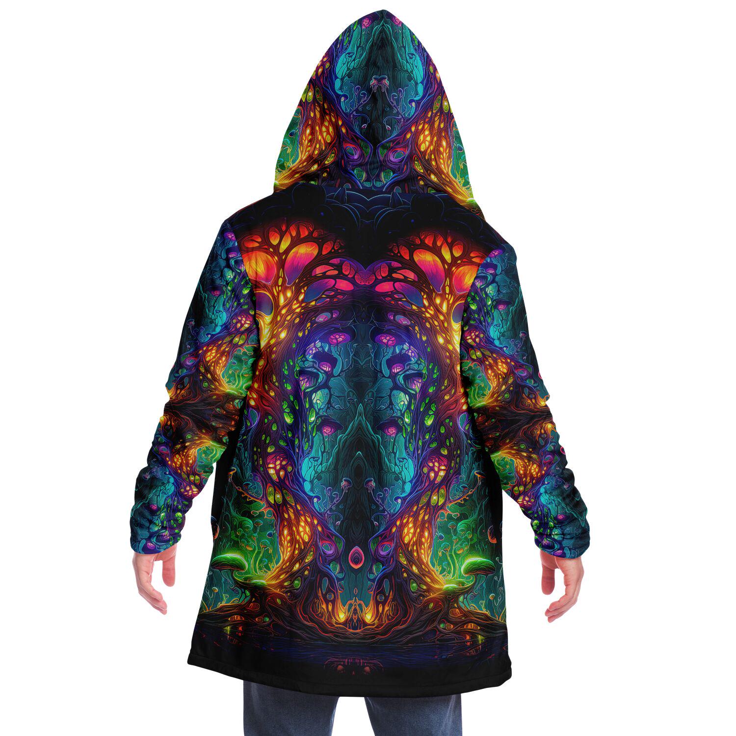 Trippy Mushroom HOODED CLOAK, Psychedelic Fungus Festival Hoodie, Vibrant Neon Rave Jacket, Colorful Festival Coat, Wizard Robe, Cape