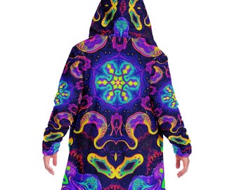 Psychedelic Hooded Cloak – Deep Purple Rave Jacket with Neon Green Mandala Print