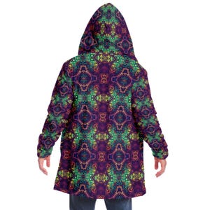 Capa con capucha con estampado psicodélico, capa de ilusión psicodélica, chaqueta rave vibrante, abrigo de festival colorido, arte fractal, túnica de mago, talla grande