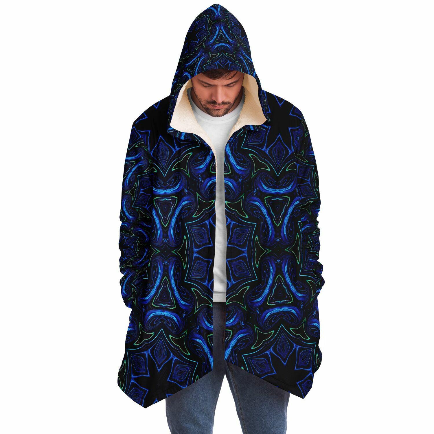Trippy Cyberpunk Pattern HOODED CLOAK, Dark Psychedelic, Black & Blue ...
