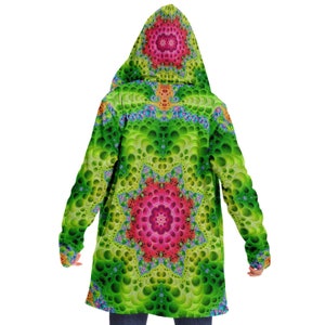 Fractal Mandala MICROFLEECE CLOAK, Rave Cloak, Psychedelic Cape, Trippy Hooded Festival Jacket,  Coat, Vibrant, Green, Neon, Colorful