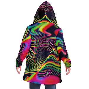 CAPA CON CAPUCHA de neón psicodélico, sudadera con capucha psicodélica para festivales, chaqueta rave de neón vibrante, abrigo colorido para festivales, ropa de abrigo única, arte abstracto