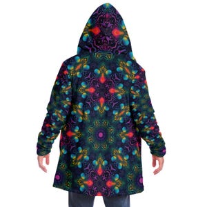 Trippy Fractal Pattern HOODED CLOAK, Psychedelic Festival Hoodie, Vibrant Rave Jacket, Colorful Festival Coat, Fractal Mandala, Wizard