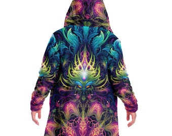 May include: A hooded jacket with a colorful psychedelic pattern featuring a central design of a creature with glowing eyes. The jacket is made of a soft, comfortable fabric and has a relaxed fit.