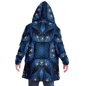 Dark Fractal Mandala HOODED CLOAK, Blue Festival Hoodie, Rave Jacket, Festival Coat, Wizard Robe, Burning Man, Witch Cloak
