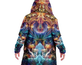 May include: A long, hooded, blue, purple, and orange jacket with a psychedelic, fractal pattern. The jacket has a zipper closure and a drawstring hood.