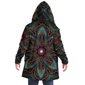 CAPA CON CAPUCHA con diseño de mandala fractal psicodélico, sudadera con capucha psicodélica para festivales, chaqueta rave vibrante, abrigo colorido para festivales, túnica de mago, capa de bruja