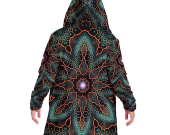 Trippy Fractal Mandala HOODED CLOAK, Psychedelic Festival Hoodie, Vibrant Rave Jacket, Colorful Festival Coat, Wizard Robe, Witch Cape