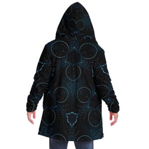 Dark Cyberpunk Pattern HOODED CLOAK, Armor Art Cape, Rave Jacket, Festival Coat, Wizard Cloak, Witch, Plus Size Rave Hoddie, Fractal Robe