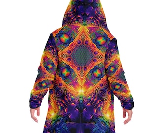 DMsTar Flower of Life HOODED CLOAK, Sacred Geometry Fractal Cloak, Cosmic Festival Cape, Psychedelic Mandala Robe, Visionary Rave Wear