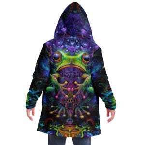 CAPA CON CAPUCHA de Frog Art, arte visionario, capa psicodélica, chaqueta rave vibrante, abrigo colorido para festivales, ropa de abrigo fractal única para festivales