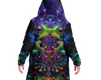 Frog Art HOODED CLOAK, Visionary Art, Psychedelic Cape, Vibrant Rave Jacket, Colorful Festival Coat, Unique Fractal Outerwear for Festivals