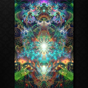 Tree of Life Fantasy Art TAPESTRY, Festival Visionary Art, Psychedelic, Flower of Life, Sacred Geometry, Wall Art