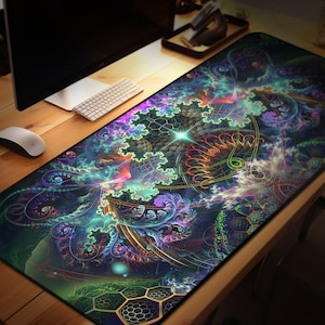 May include: A colorful psychedelic desktop mouse pad with a fractal design featuring a variety of colors including green, blue, purple, orange, and yellow.