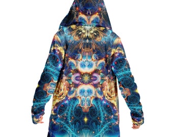 Cosmic Fantasy Rave MICROFLEECE CLOAK, Festival Cloak, Psychedelic Jacket, Trippy Hooded Fractal Cape, Coat, Wizard Cloak