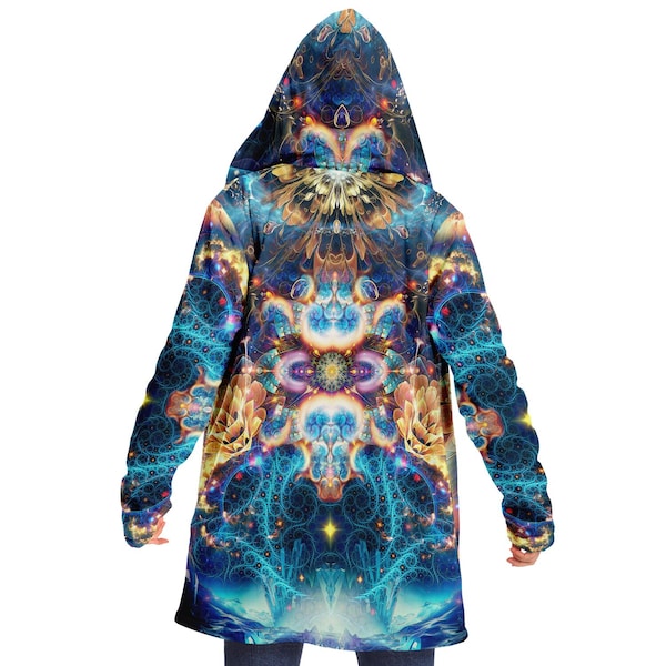 Cosmic Fantasy Rave MICROFLEECE CLOAK, Festival Cloak, Psychedelic Jacket, Trippy Hooded Fractal Cape, Coat, Wizard Cloak