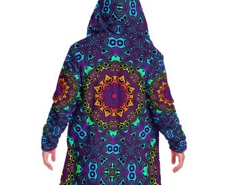 Tribal Mandala Cloak – Psychedelic Dark Purple and Orange Neon Hooded Rave Jacket