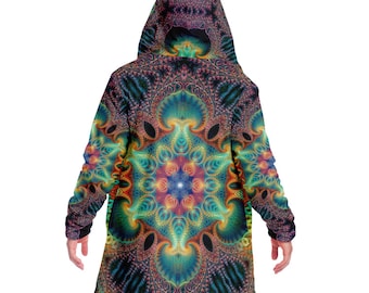 Healing Fractal Mandala HOODED CLOAK, Psychedelic Festival Hoodie, Vibrant Neon Rave Jacket, Trippy Festival Coat, Wizard Robe, Burning Man