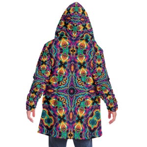 CAPA CON CAPUCHA de neón psicodélico fractal, sudadera con capucha psicodélica para festivales, chaqueta rave de neón vibrante, abrigo colorido para festivales, túnica de mago, Burning Man