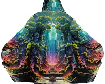 Ancient Temple Art HOODED CLOAK, Psychedelic Festival Hoodie, Vibrant Rave Jacket, Beautiful Festival Coat, Wizard Robe, Burning Man