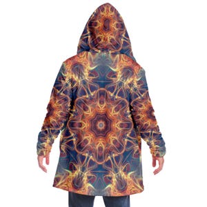CAPA CON CAPUCHA Fractal Mandala, Sudadera con capucha psicodélica para festivales, Chaqueta rave psicodélica vibrante, Abrigo colorido para festivales, Túnica de mago, Burning Man