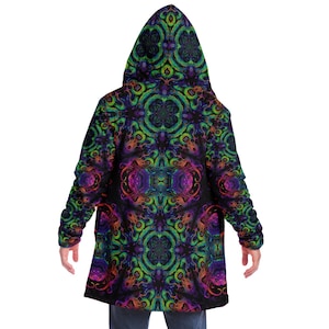 CAPA CON CAPUCHA con diseño de mandala fractal psicodélico, sudadera con capucha psicodélica para festivales, chaqueta rave de neón, abrigo colorido para festivales, túnica de mago, capa