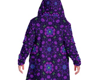 Trippy HOODED CLOAK, Cosmic Pattern Cloak, Psychedelic Cape, Visionary Festival Robe, Dark Floral, Trippy Rave Wear