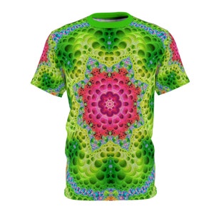 Psychedelic Neon Green Pink T-shirt, Premium Psytrance Festival Rave Shirt, All Over Print, Trippy Fractal Art Tee - Unisex Men&#39;s & Women&#39;s